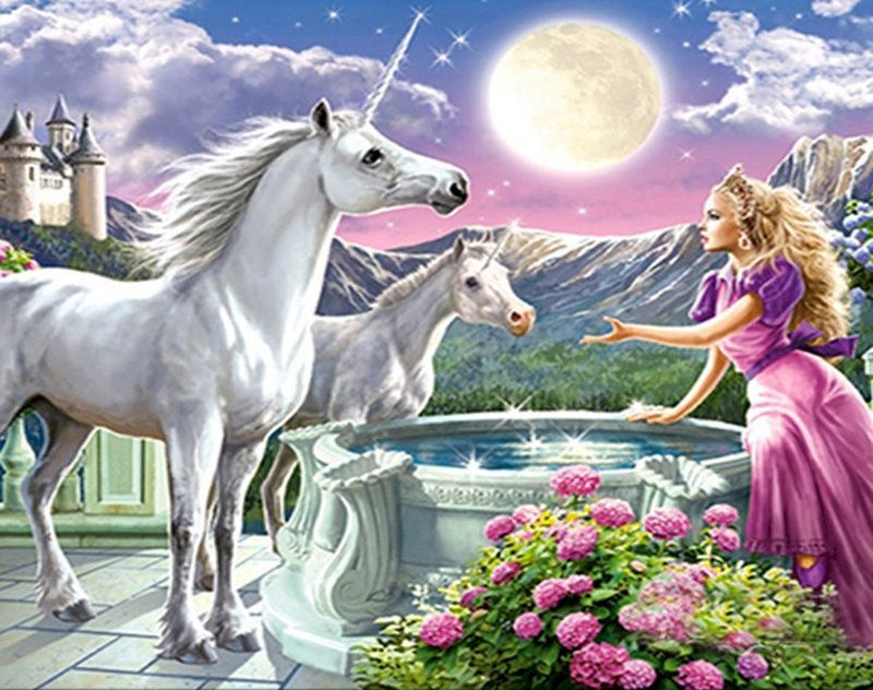 Unicornios y Princesa al Lado de Fuente Pintar por Números