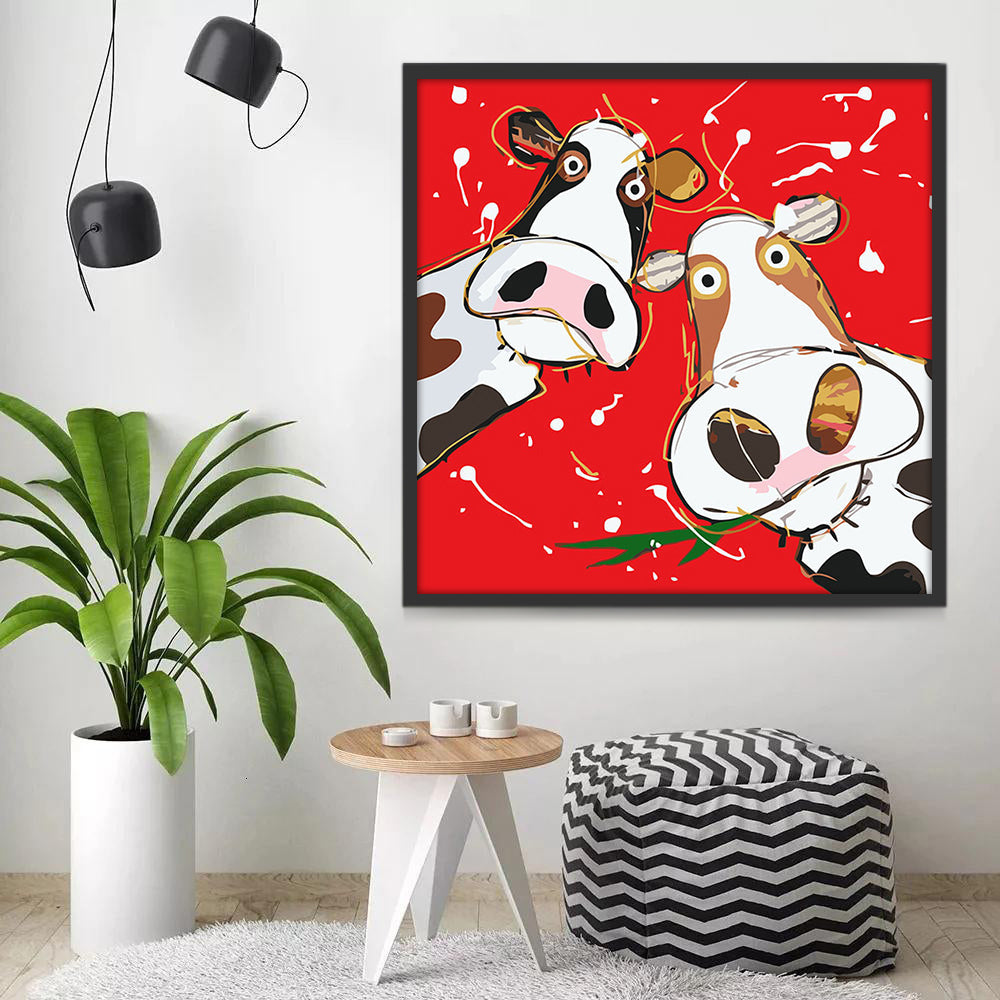 Vacas Lecheras Comiendo Hierba y Fondo Rojo Pintar por Númer