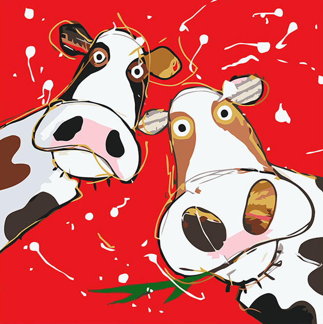 Vacas Lecheras Comiendo Hierba y Fondo Rojo Pintar por Númer