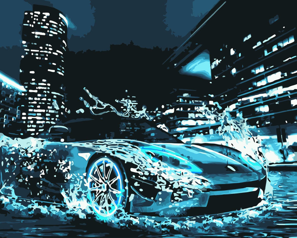 Vehículo Azul en la Ciudad Nocturna Pintar por Números
