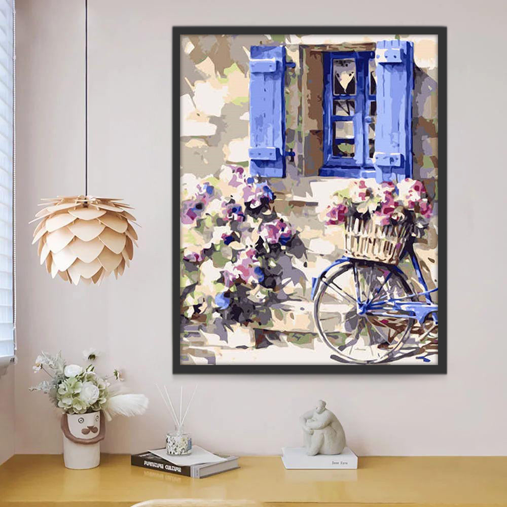 Ventana Azul y Bicicleta con Flores Hermosas Pintar por Números