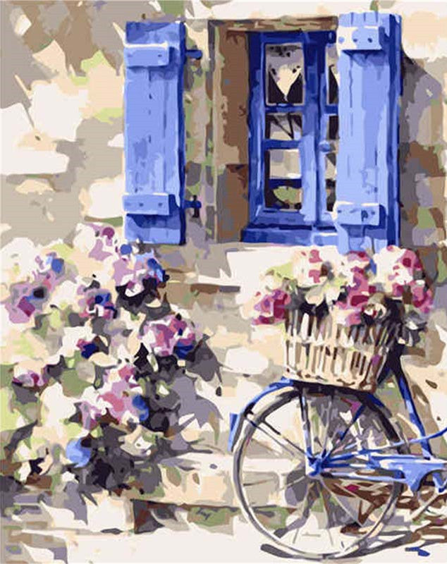 Ventana Azul y Bicicleta con Flores Hermosas Pintar por Números