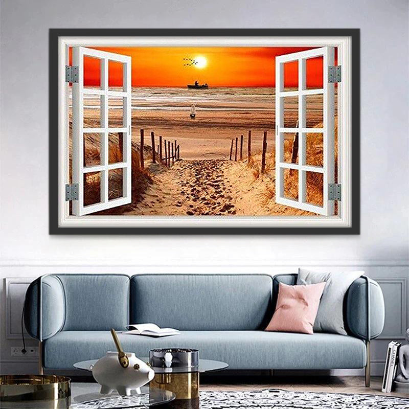 Ventana Blanca y Puesta del Sol Pintar por Números