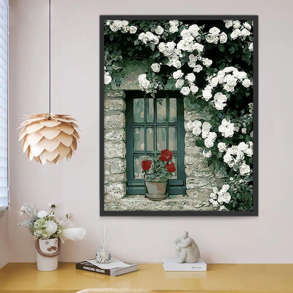 Ventana con Flores Rojas y Blancas Pintar por Números