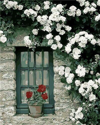 Ventana con Flores Rojas y Blancas Pintar por Números