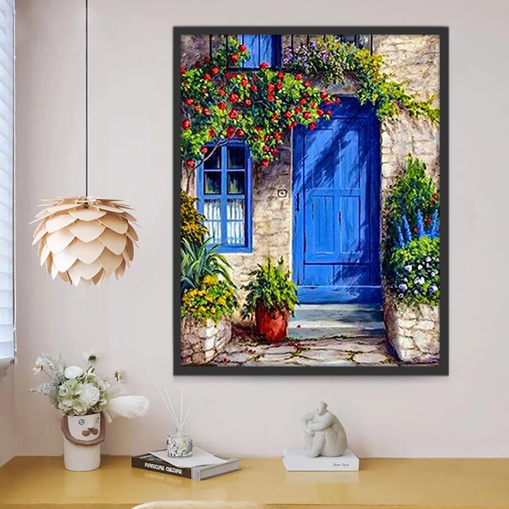 Ventana con Flores y Puerta Azul y Plantas Verdes Pintar por Números