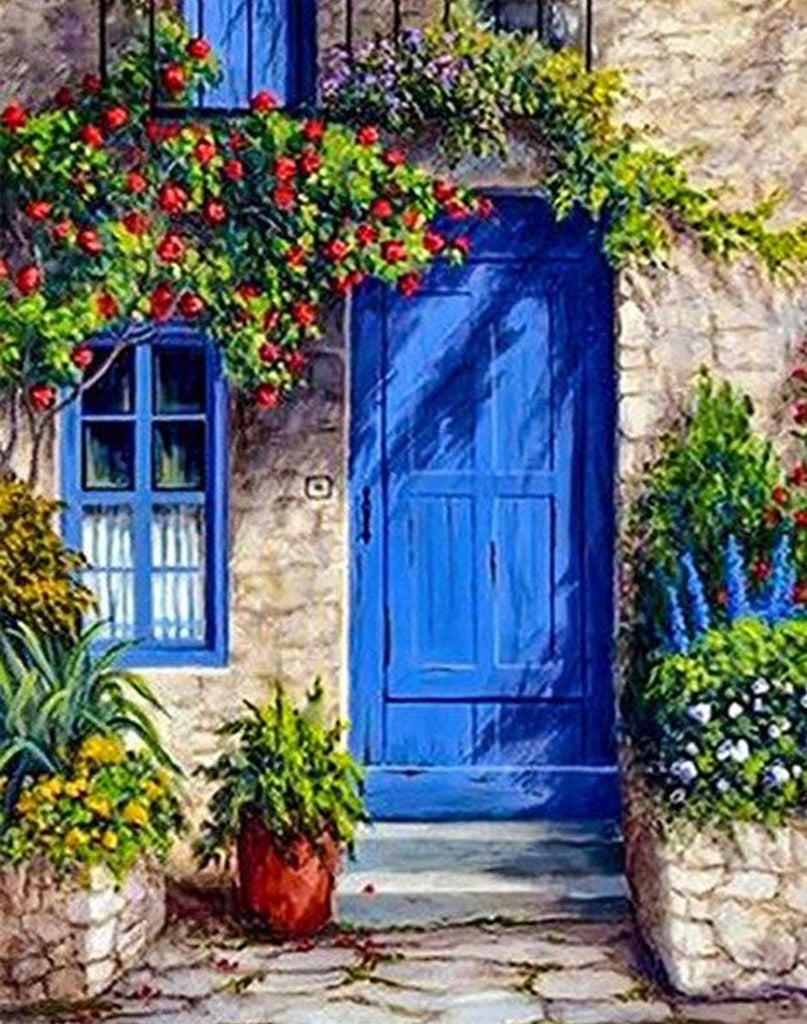 Ventana con Flores y Puerta Azul y Plantas Verdes Pintar por Números