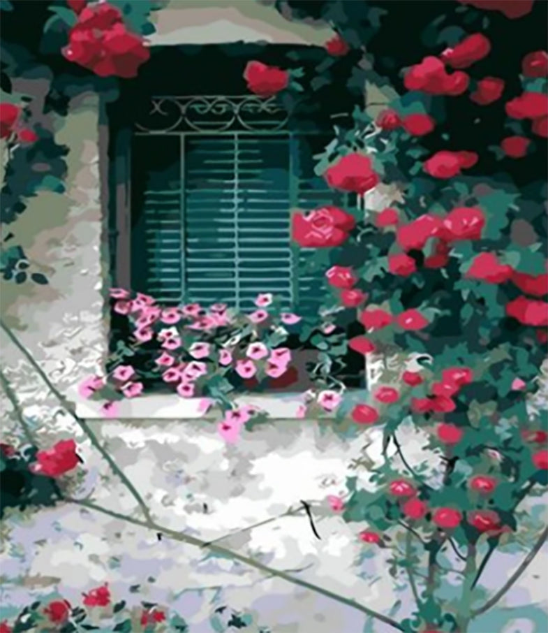 Ventana Verde Rodeada de Flores de Color Rojo y Rosado Pintar por Números