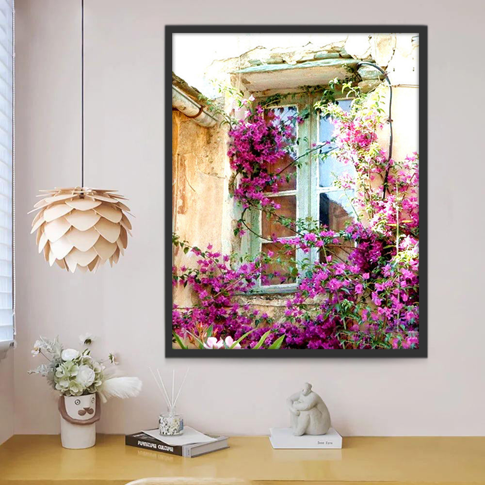 Ventana y Flores Moradas en la Pared Pintar por Números
