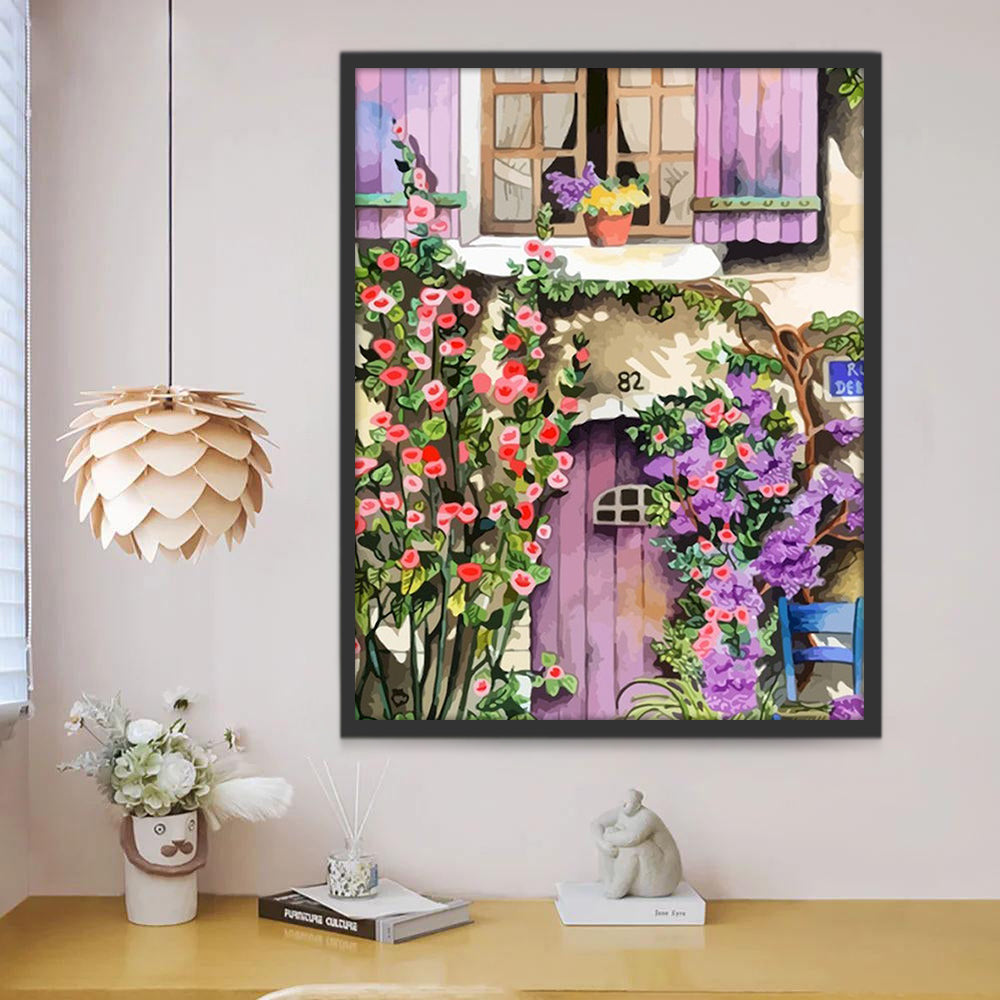 Ventana y Puerta Morada Rodeada de Flores Coloridas Pintar por Números