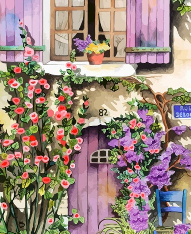 Ventana y Puerta Morada Rodeada de Flores Coloridas Pintar por Números