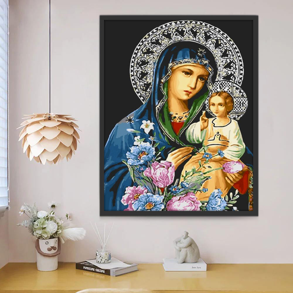 Virgen María y Niño Jesús y Flores Hermosas Pintar por Números