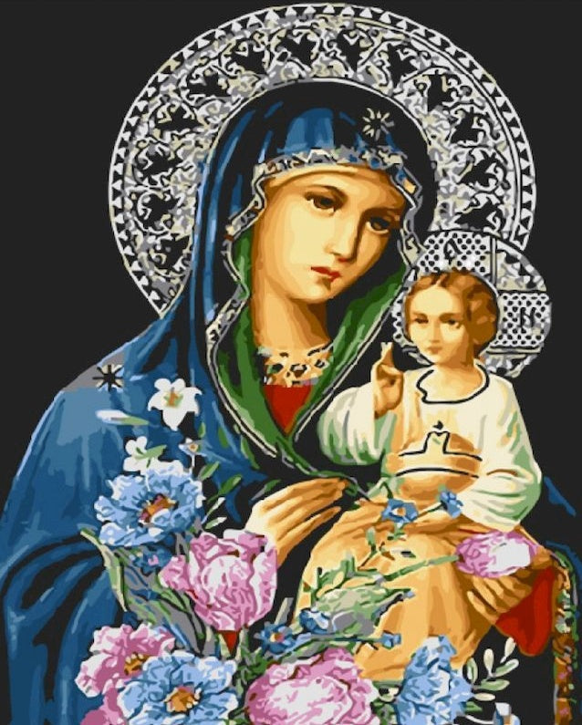 Virgen María y Niño Jesús y Flores Hermosas Pintar por Números