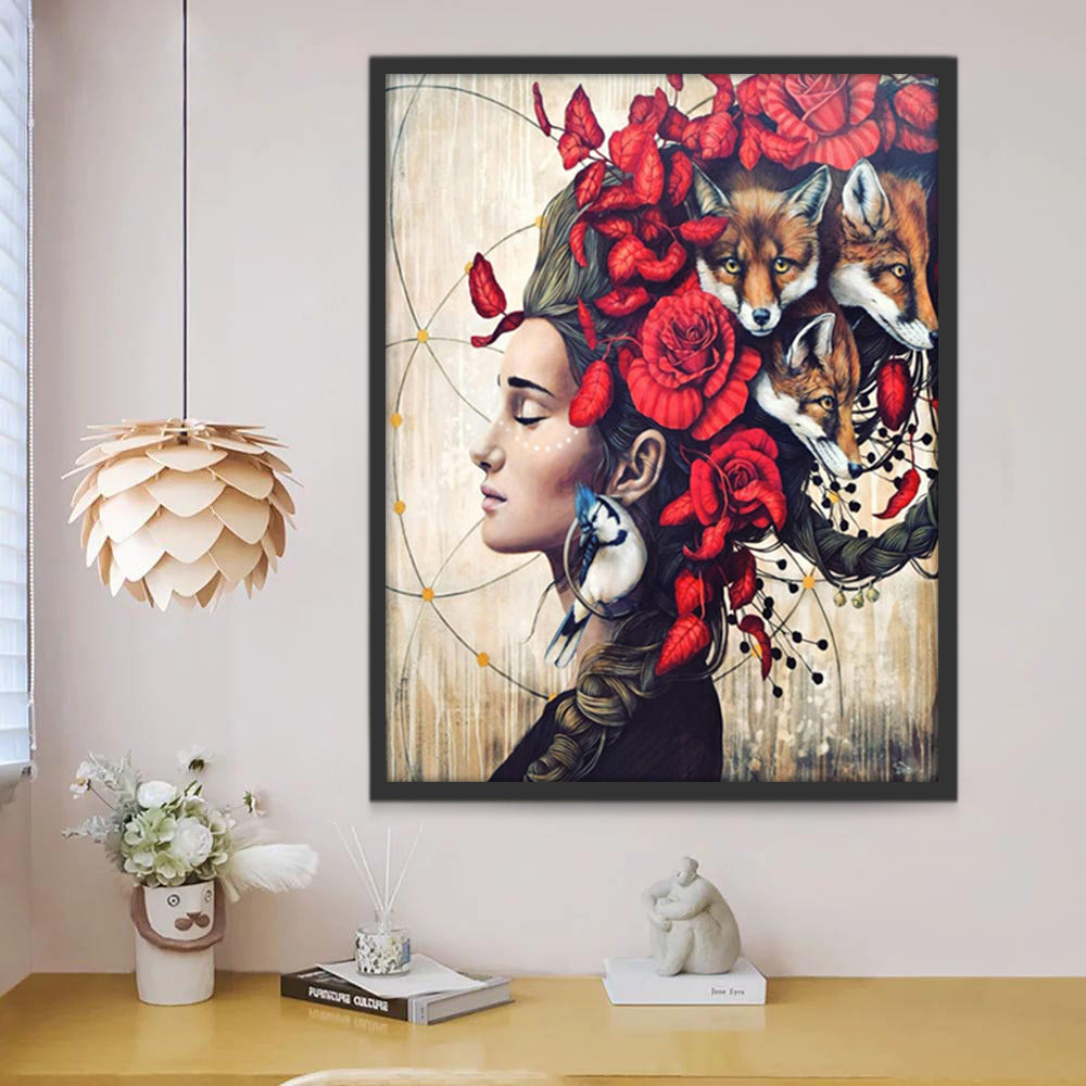 Zorros y Rosas Rojas entre Pelo de Mujer Pintar por Números